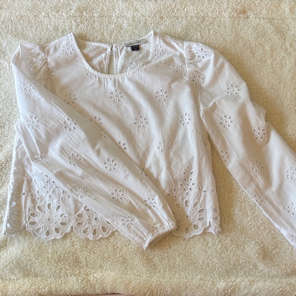American Eagle 100% Cotton White Eyelet Crop Blouse